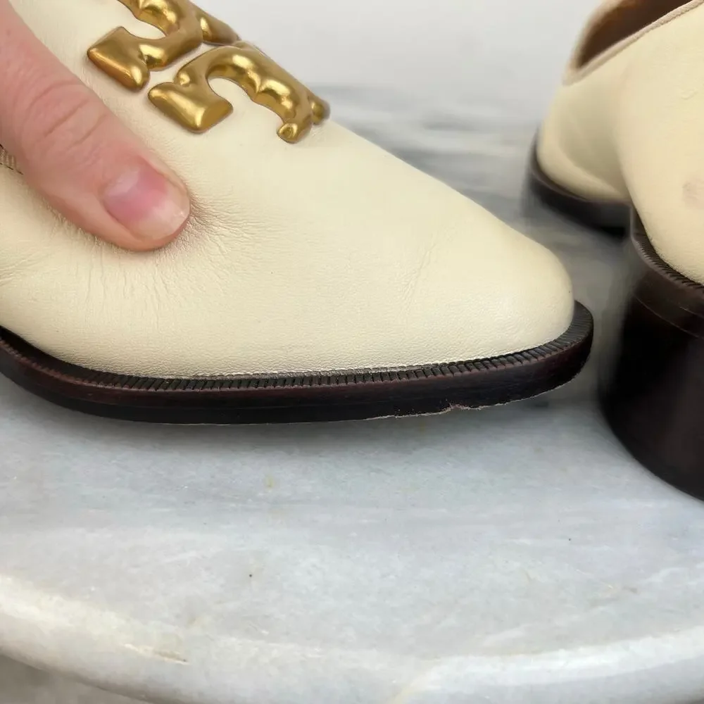 Tory Burch Eleanor Logo Block Heeled Shoes Ivory Leather Slip In Loafer (Sz 8.5)